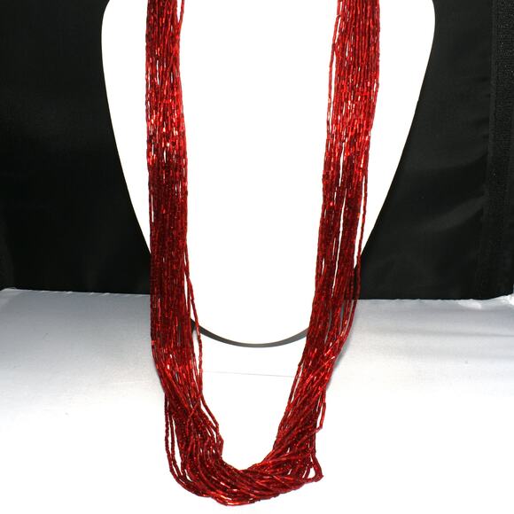 Vintage Bohemian Red Glass Bugle Bead Necklace, 24 Strands, No Clasp, 1970s - Picture 4 of 10